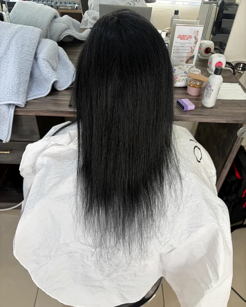 Before &mdash; fine, mid-length black hair before tape-in extensions