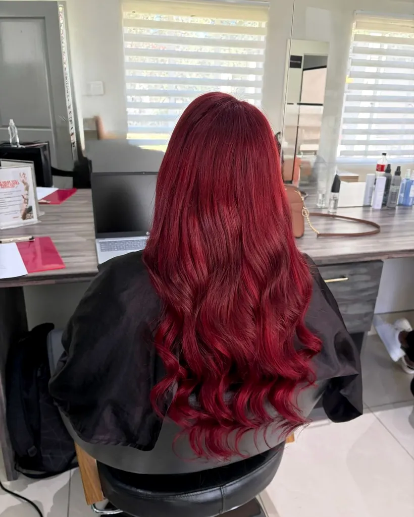 After &mdash; deep ruby costume colour blend through four packs of tape-in extensions, The Edit by K.C